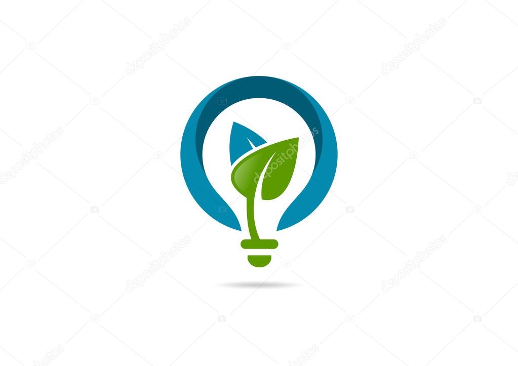 Innovation idea leaf growth logo, green bulb creative design