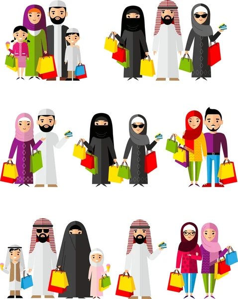 Vásárlás koncepció az arab emberek színes stílusban. — Stock Vector