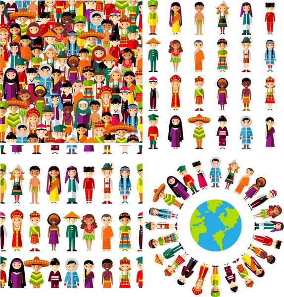 Seamless background with set of multicultural national children. — Stock Vector