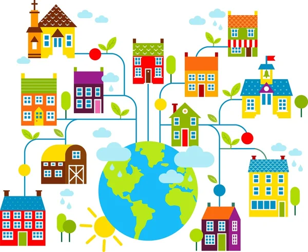 Set of city houses with planet earth — Stock Vector