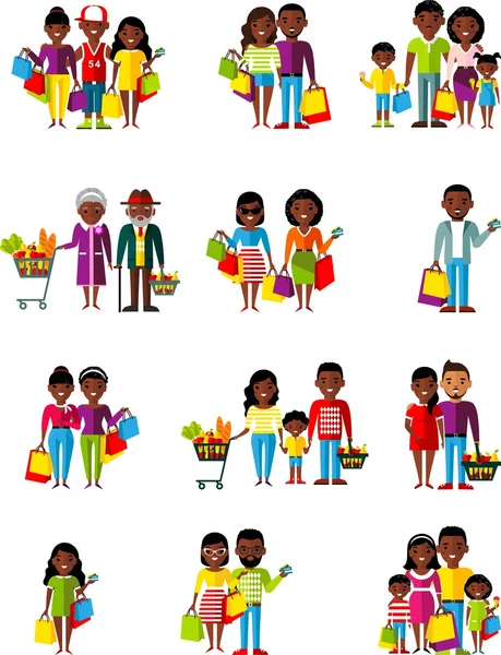 Vektor ilustrasi african american orang, keluarga di toko . - Stok Vektor