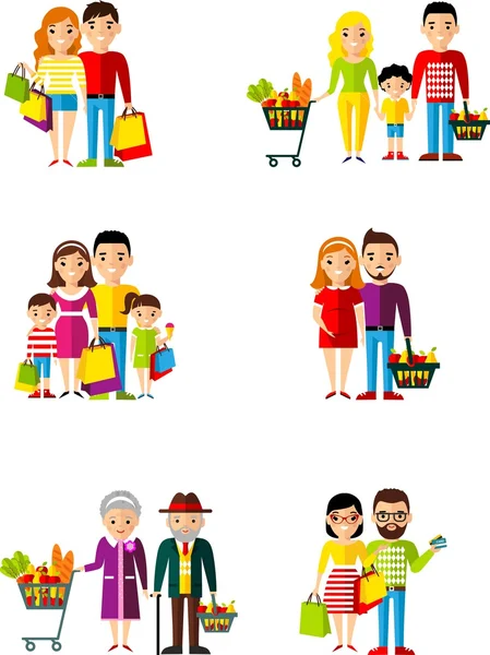 Vektorové ilustrace evropské rodiny kupující v obchodě. — Stockový vektor