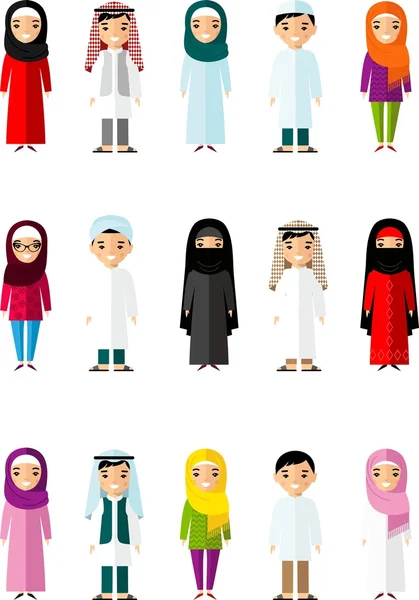 Uppsättning av tecknad olika arabiska människor i platt stil. — Stock vektor
