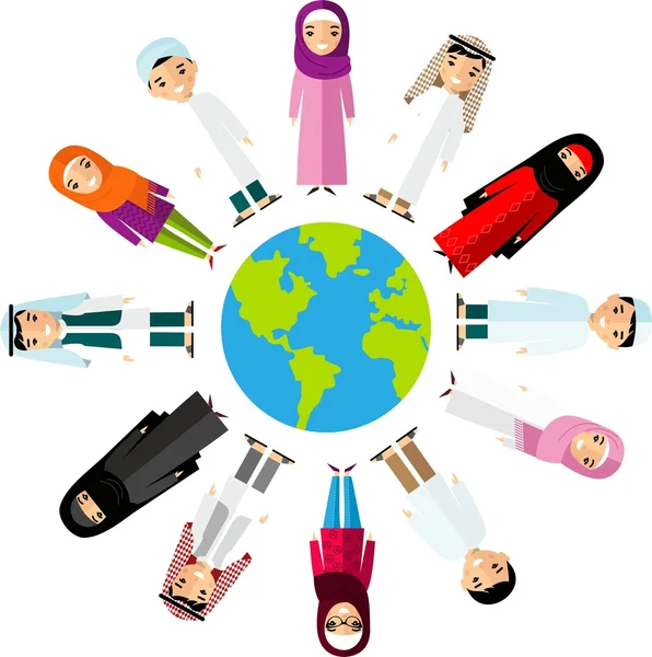 Vector illustration of different arab children, people on planet earth — Stock Vector