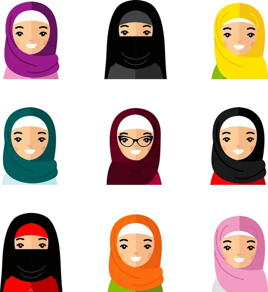 Set wanita arab avatar dalam gaya warna-warni datar - Stok Vektor