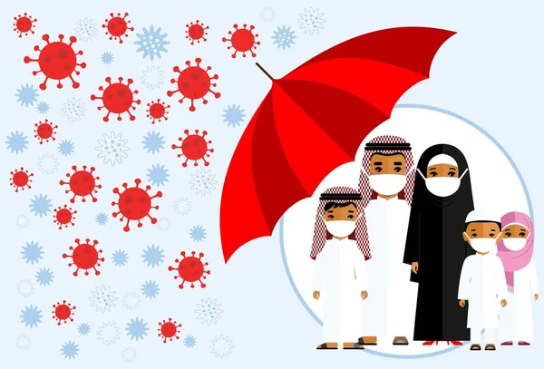 Arab family wearing protective medical mask protect them from COVID 19, coronavirus. — Stock Vector