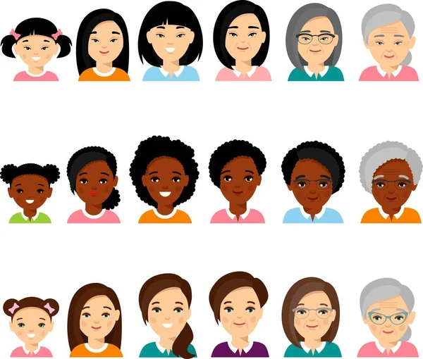 Sada afrických amerických, evropských, asijských věkových skupin avatarů žena v barevném stylu. Vektorová Grafika