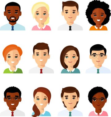 Farklı avatar, Afro-Amerikan, Avrupalı, düz renkli insanlar..