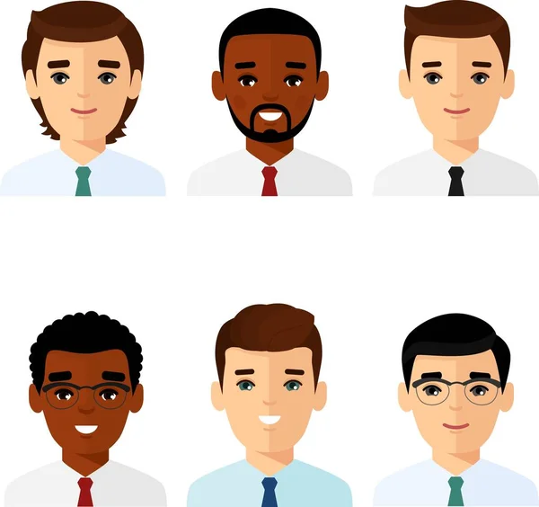 İş dünyası avatarı Afrikalı, Amerikalı ve Avrupalı düz renkli insanlar. — Stok Vektör