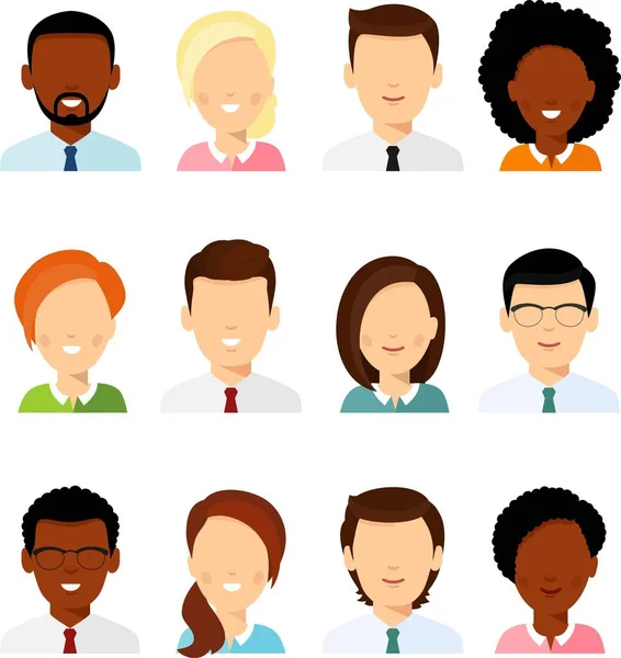 Set of different avatar african american, european people faces in colorful flat style. — Stock Vector