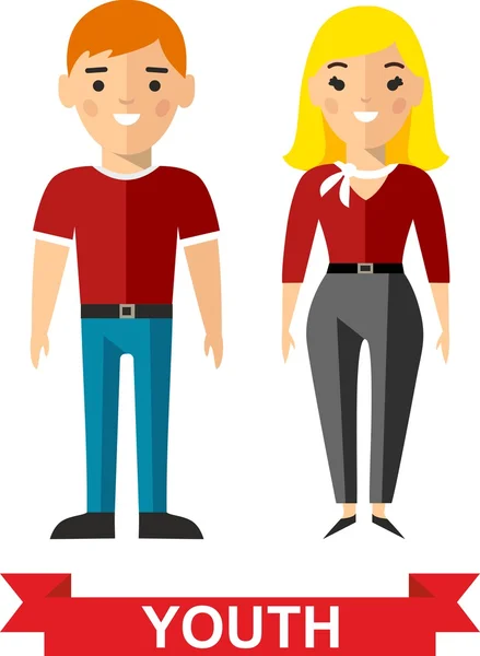 Conjunto de niña y niño, adolescentes, hombre y mujer jóvenes — Vector de stock