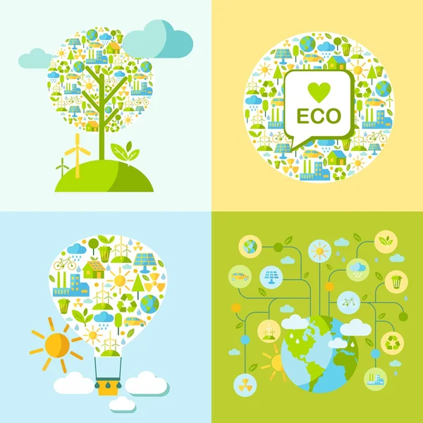 Set of ecology symbols with simply shapes globe, tree,  balloon — Stock Vector