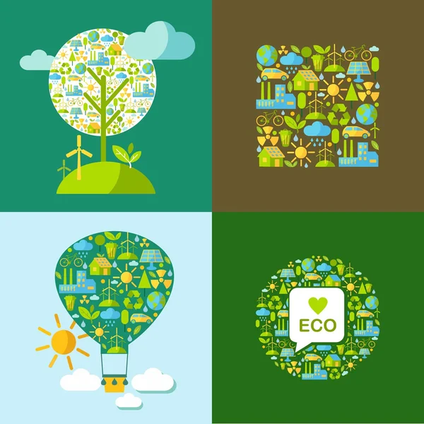 Set of ecology symbols with simply shapes globe, tree,  balloon — Stock Vector