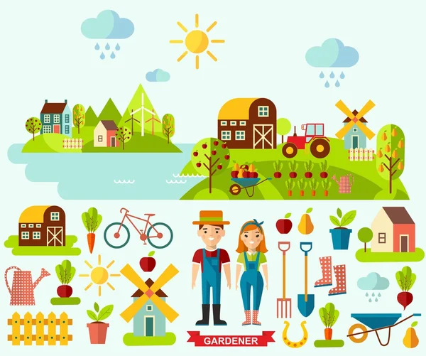 Iconos planos y paisaje rural panorámico con concepto de jardinería — Vector de stock