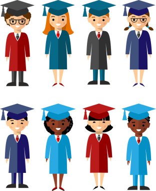 Mezuniyet elbisesi ve kolej öğrenciler farklı milletlerden kümesi