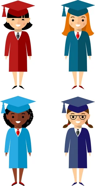 Set of students different nationalities in graduation gown and mortarboard — Stock Vector