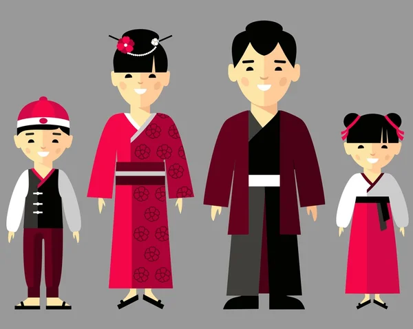 Vector colorido ilustración de la familia japonesa en ropa nacional — Vector de stock