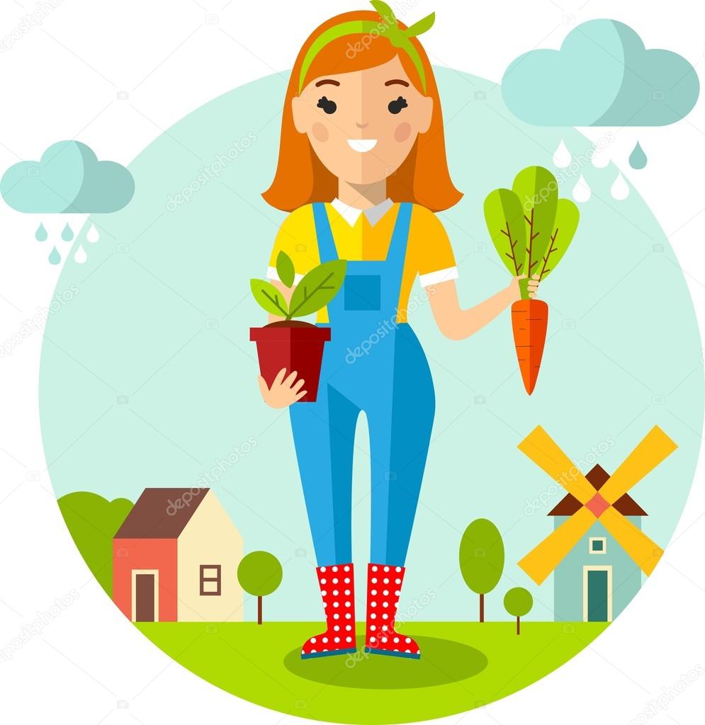 Set of pictures  gardener, garden, mill, barn and landscape with gardening concept