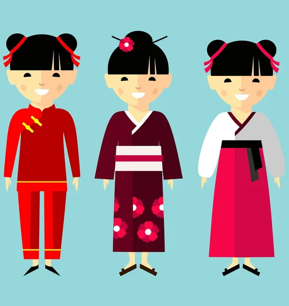 矢量的亚洲女孩在民族服饰色彩丰富的插画 — 图库矢量图片