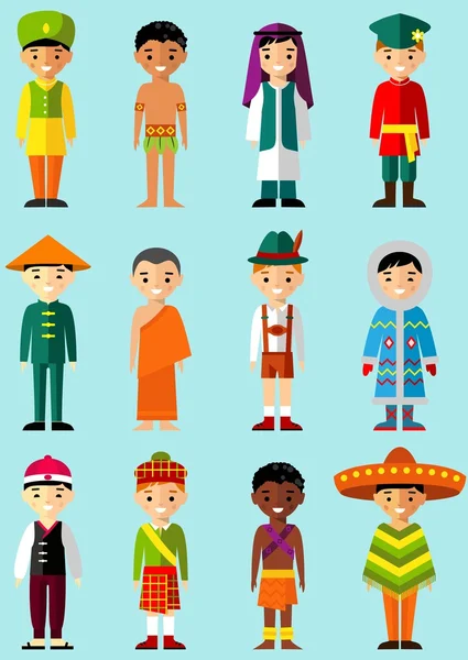 Ilustração vetorial de crianças nacionais multiculturais, pessoas em trajes tradicionais — Vetor de Stock