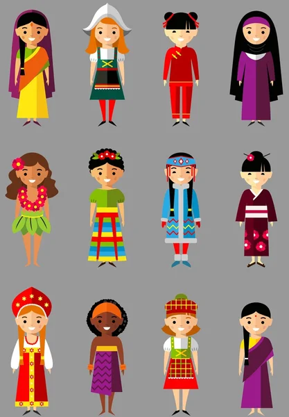 Vektoros illusztráció a multikulturális nemzeti gyermekek, emberek hagyományos viseletek — Stock Vector
