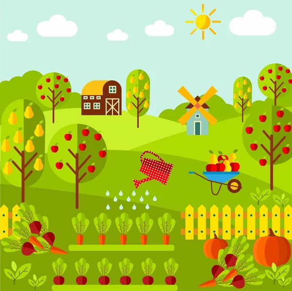 Paysage rural avec légumes biologiques, jardin fruitier, ferme, moulin — Image vectorielle