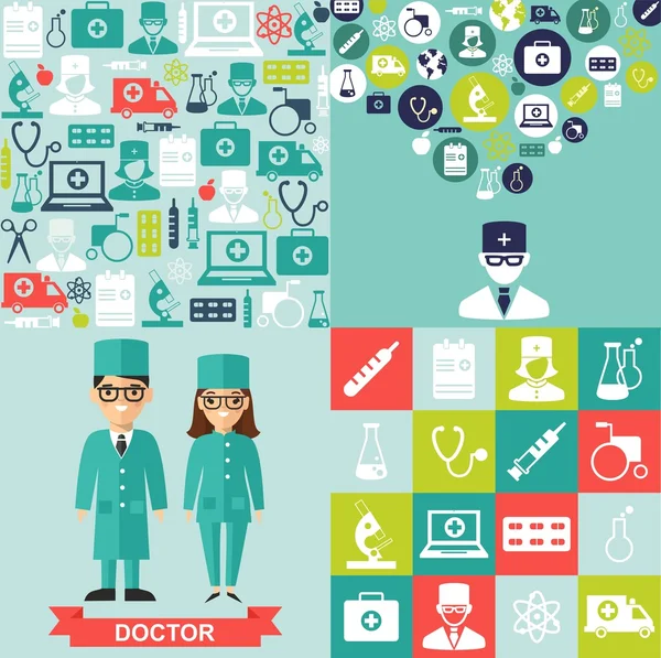 Set ikon medis, latar belakang mulus, orang-orang medis dalam gaya datar - Stok Vektor