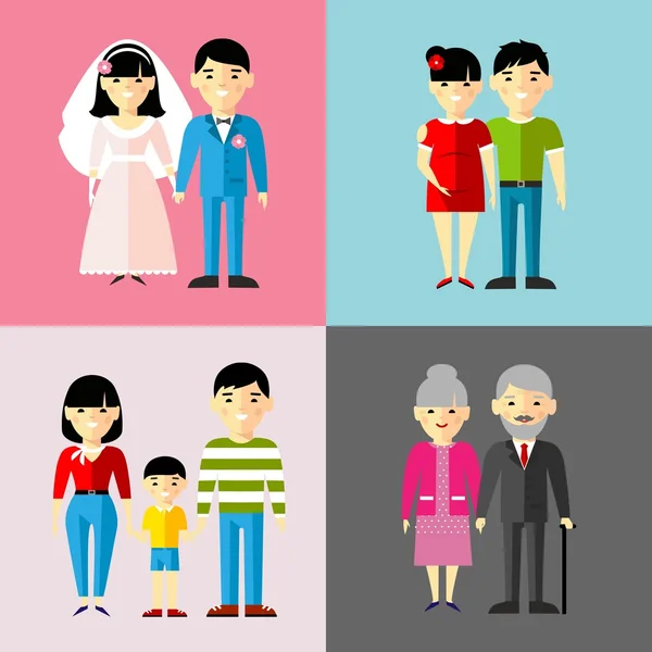 Set of wedding couple, pregnant parents, grandparent, young family — Stock Vector