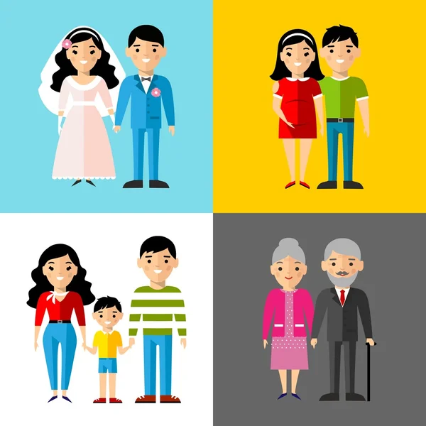 Set of european wedding couple, pregnant parents, grandparent, young family — Stock Vector