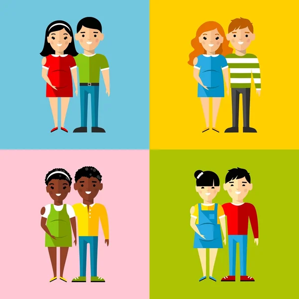 Vector colorful illustration of african american, asian, arab, european family — Stock Vector