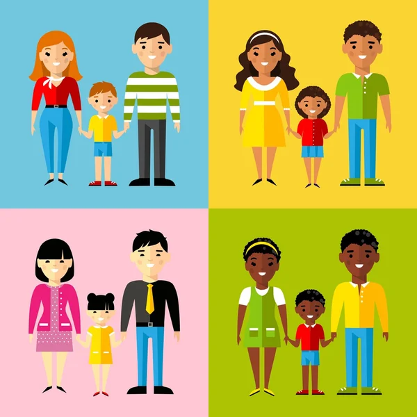 Vector colorful illustration of african american, asian, arab, european family — Stock Vector