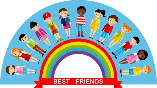 Vector illustration of friends kids on the multicolor rainbow — Stock Vector