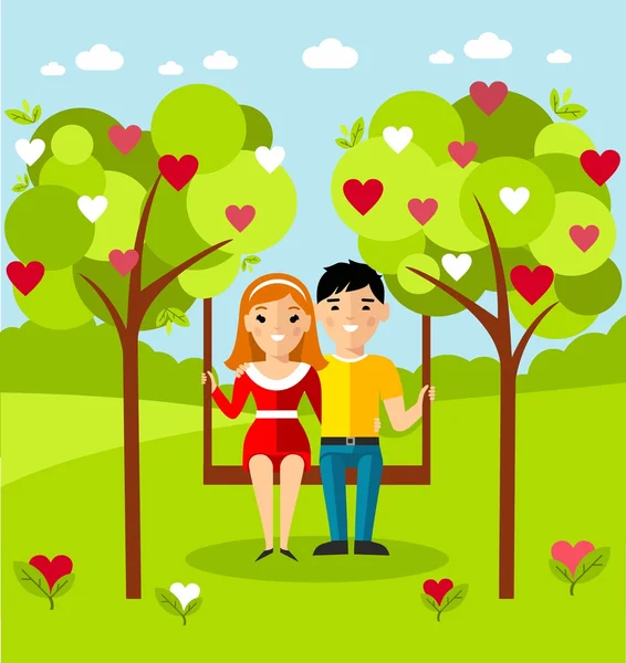 Ilustración vectorial de una pareja romántica en un columpio — Vector de stock
