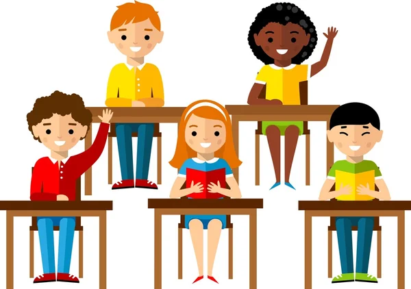 Zestaw z uczniem w szkole biurko w stylu płaski — Wektor stockowy
