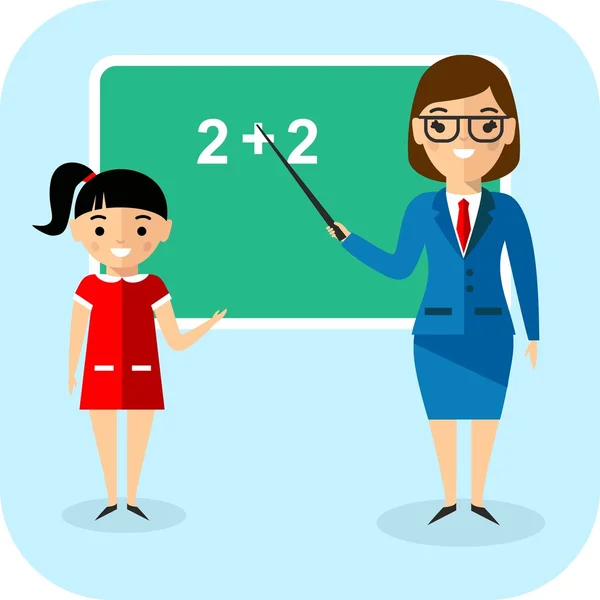 Learning  concept with pupil and teacher near school board — Stock Vector