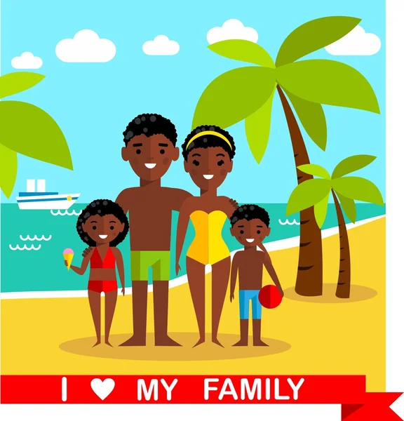 Fond de paysage de plage avec famille afro-américaine dans un style plat — Image vectorielle