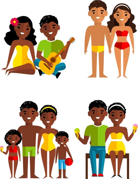 Vectorillustratie van Afrikaanse Amerikaanse echtpaar, familie op een strand — Stockvector