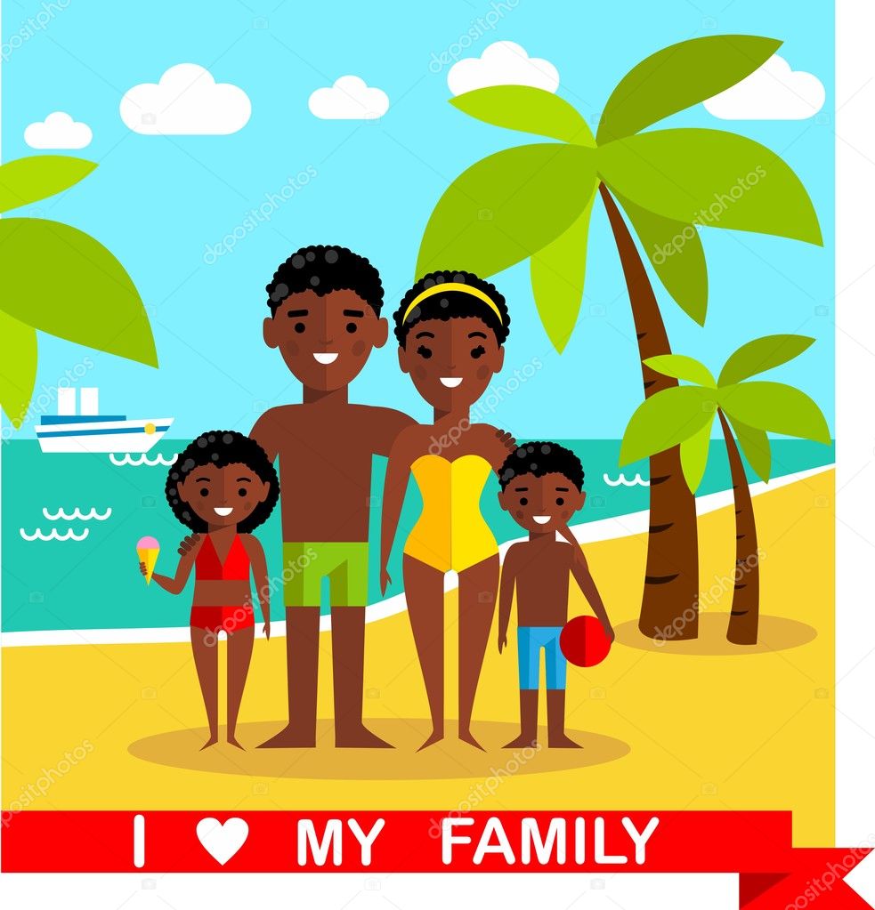 Beach landscape  background with  african american family in flat style