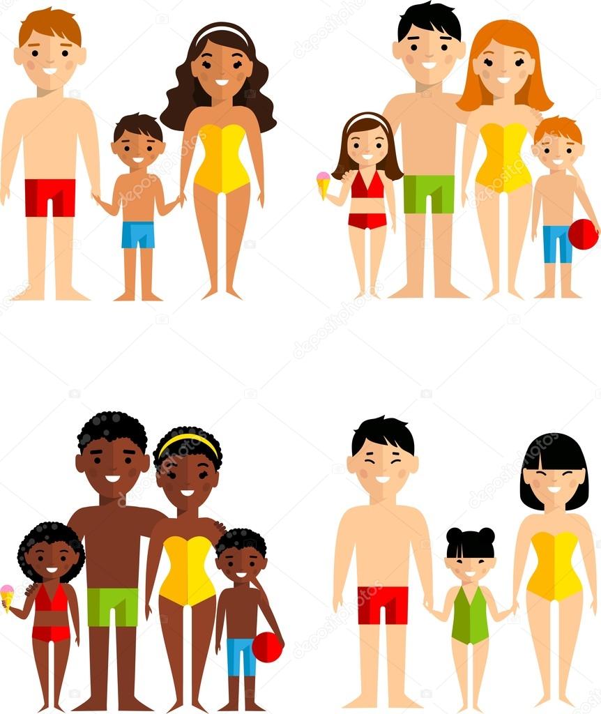 Vector illustration of african american, european family on the vacation