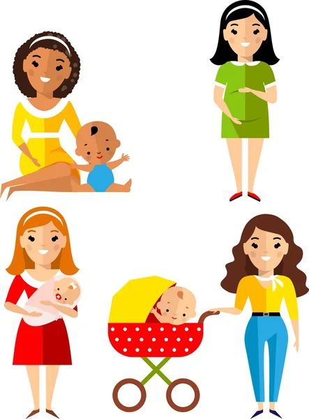 Set of pregnant, mother with newborn in stroller. — Stock Vector