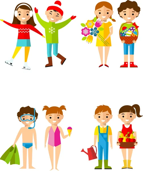 Children's activities during the four seasons. — Stock Vector