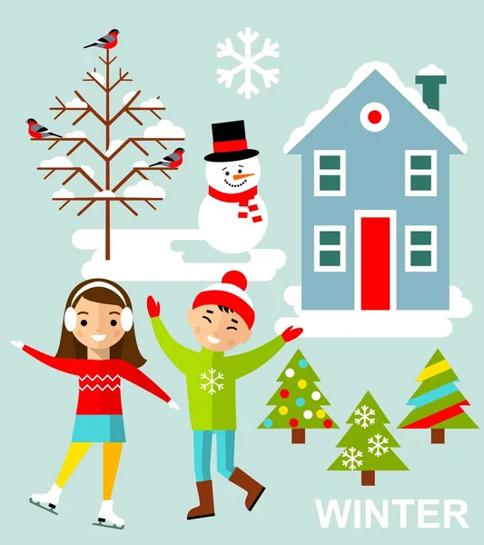 Set of vector illustration winter season with tree, children and house in flat style. — Stock Vector