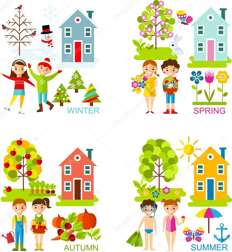 Set of vector illustration seasons with tree, children and house in flat style.