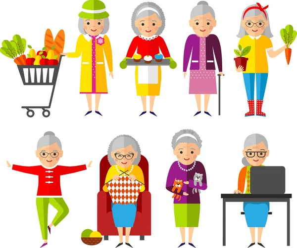 Boş zaman zaman yaşlı: örgü, yoga, spor, yemek, bahçıvan, alıcı, iş yerinde bilgisayar.