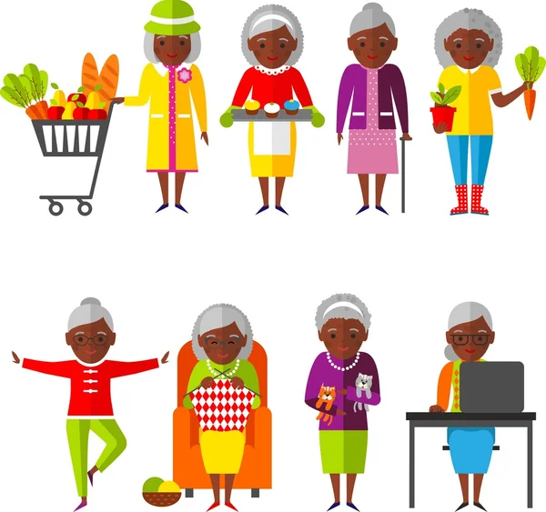 Set of vector Illustration a group of old woman in different situations. — Stock Vector