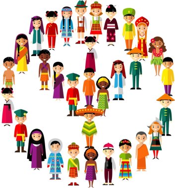 Vector illustration of multicultural national children, people on planet earth
