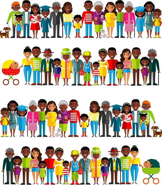 Todos los grupos de edad de afroamericanos, europeos. Generaciones hombre y mujer . — Vector de stock