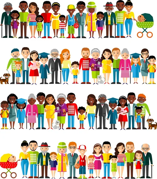 Todos los grupos de edad de afroamericanos, europeos. Generaciones hombre y mujer . — Vector de stock