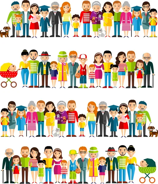 All age group of african american, european people. Generations man and woman. — Stock Vector