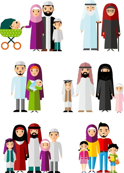 Ilustrasi warna-warni vektor dari keluarga arab dalam pakaian nasional - Stok Vektor